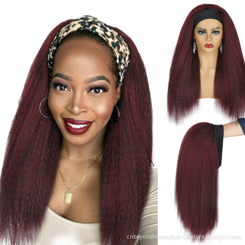 Natural Black Kinky Straight Yaki Headband wig Synthetic hair extension Elastic Synthetic wig For Black Women